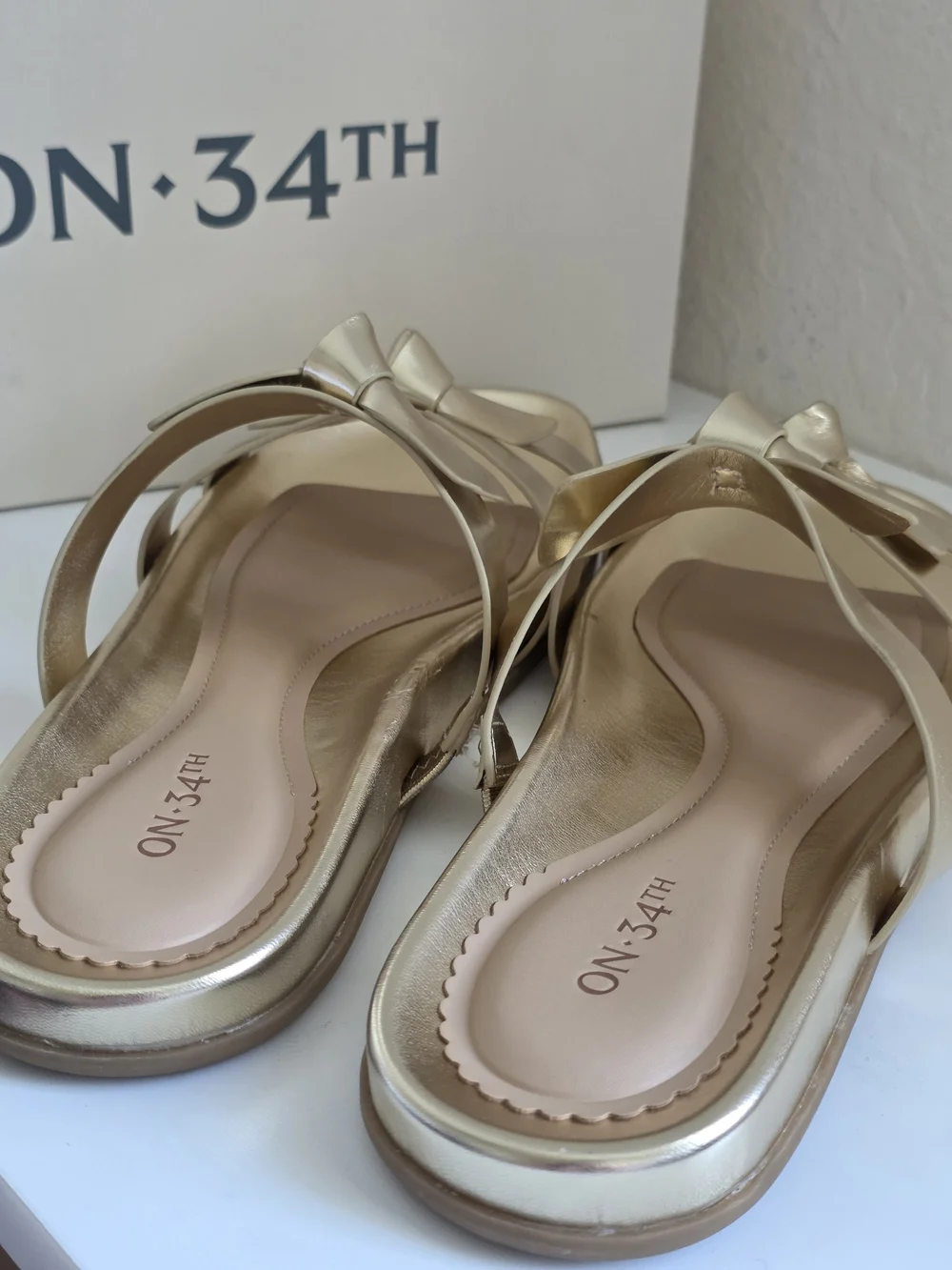 Metallic Gold Bow Slide Sandals - Women's Slip-On Comfort Ryelee Bow Slide Flat